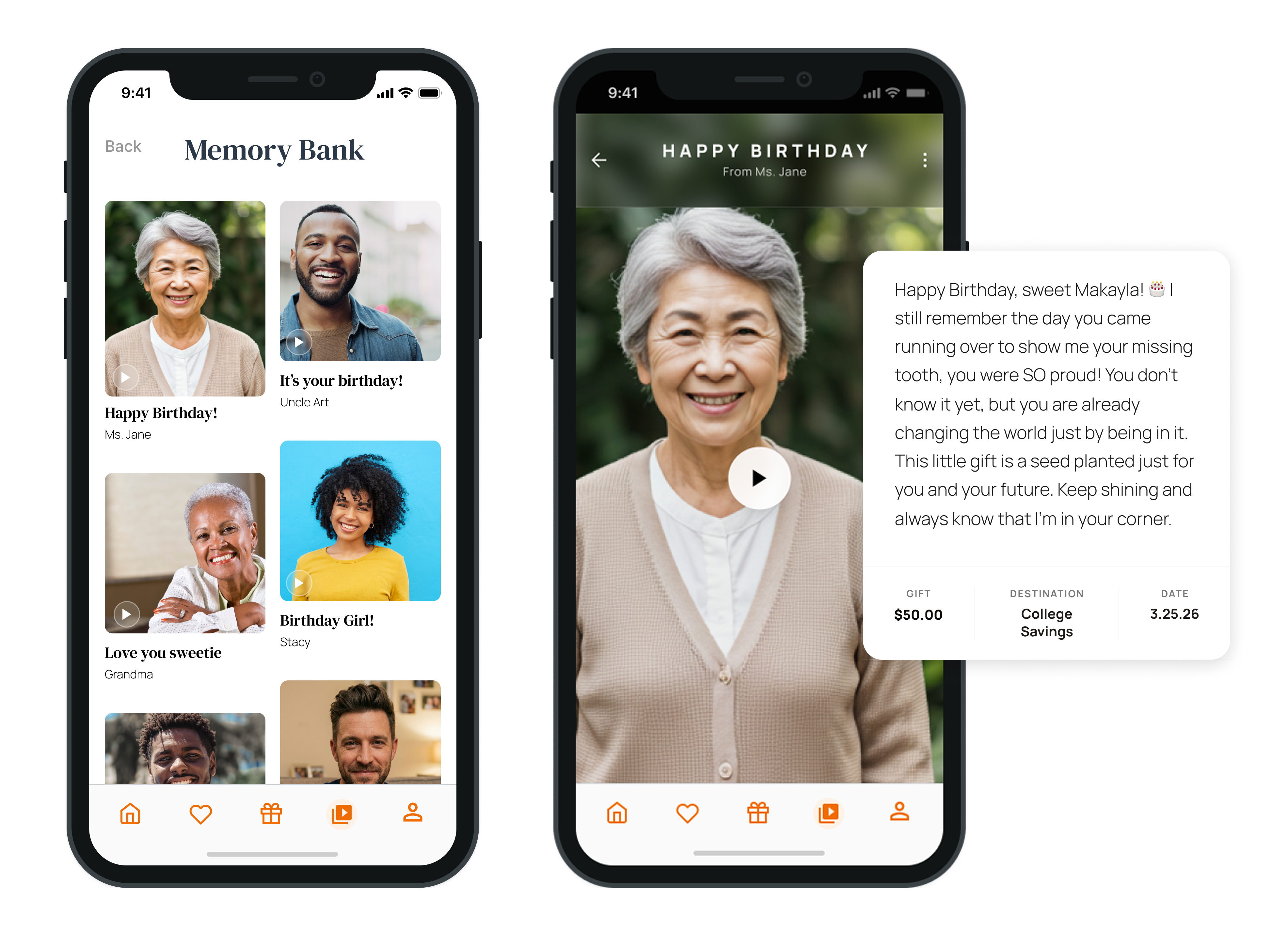 GenGift Memory Bank app showing video messages from loved ones