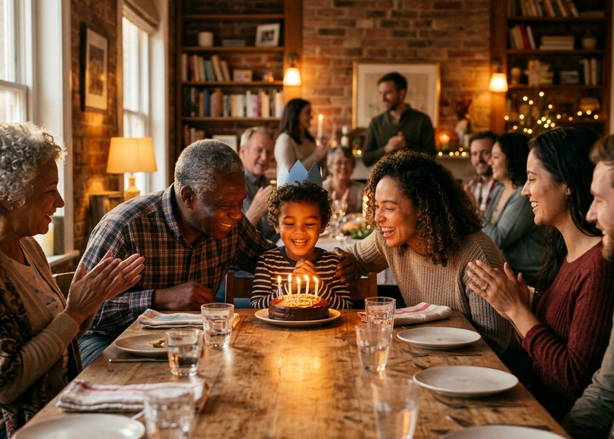 A family village celebrating a child's birthday together